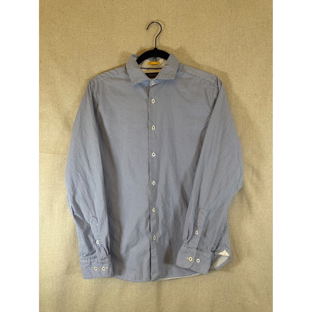 Denim & Flower Mens Slim Fit Blue Geometric Print Button Down Shirt Small S